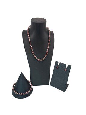 14K Gold Clasp Burgundy Chocolate Pearl Necklace Bracelet & Earrings Jewelry Set